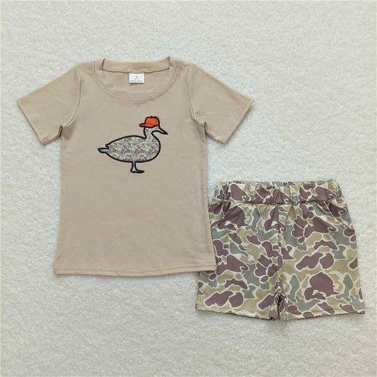 RTS NO MOQ（In Stock) Boys Embroidered Camouflage duck Short Sleeve Shorts Set