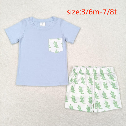 BSSO0782 Croc Pocket Blue and White Short Sleeve Shorts Set