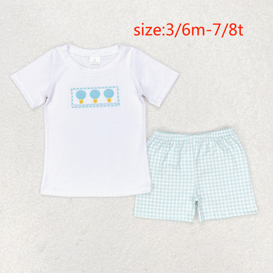 rts no moq BSSO0784 Embroidered hot air balloon white short-sleeved plaid shorts suit