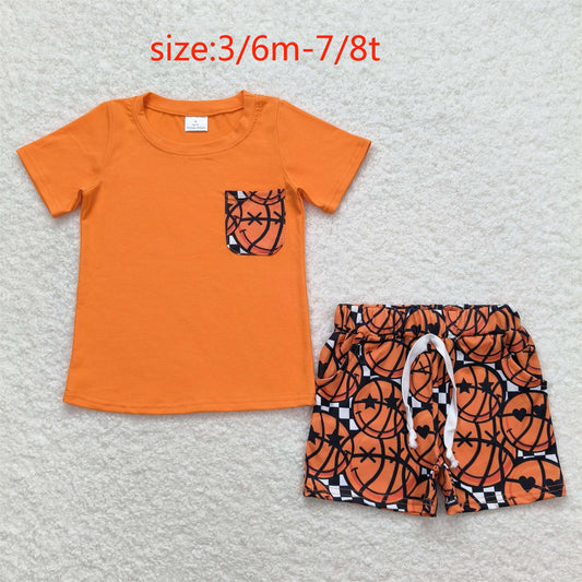 BSSO0789 Smiley Basketball Pocket Orange Short Sleeve Shorts Set