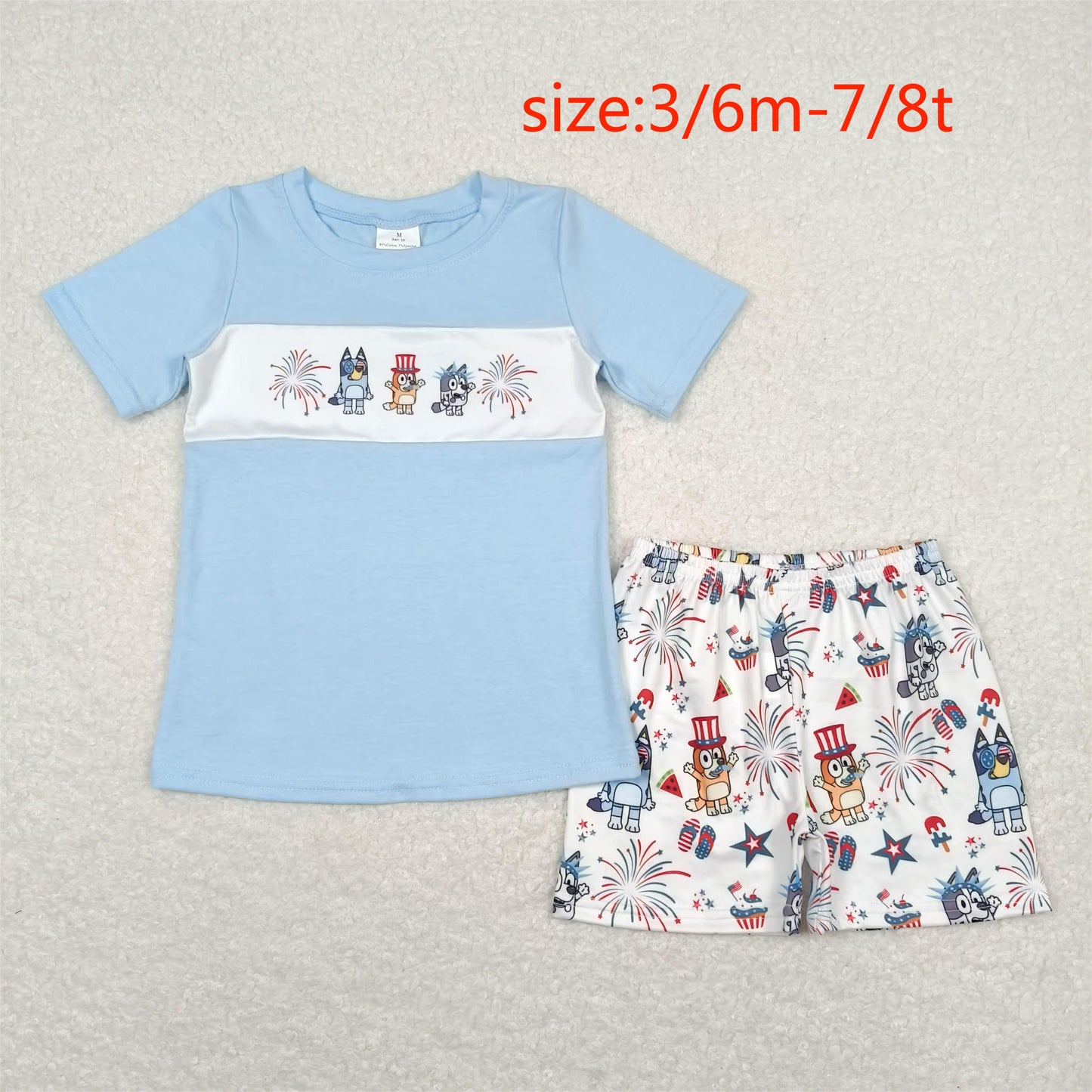 BSSO0792 National Day bluey fireworks blue and white short-sleeved shorts suit