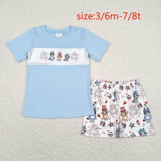 BSSO0792 National Day bluey fireworks blue and white short-sleeved shorts suit
