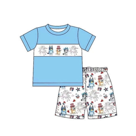 BSSO0792 pre-order baby boys clothes blue cartoon dogs short sleeve shorts summer outfit