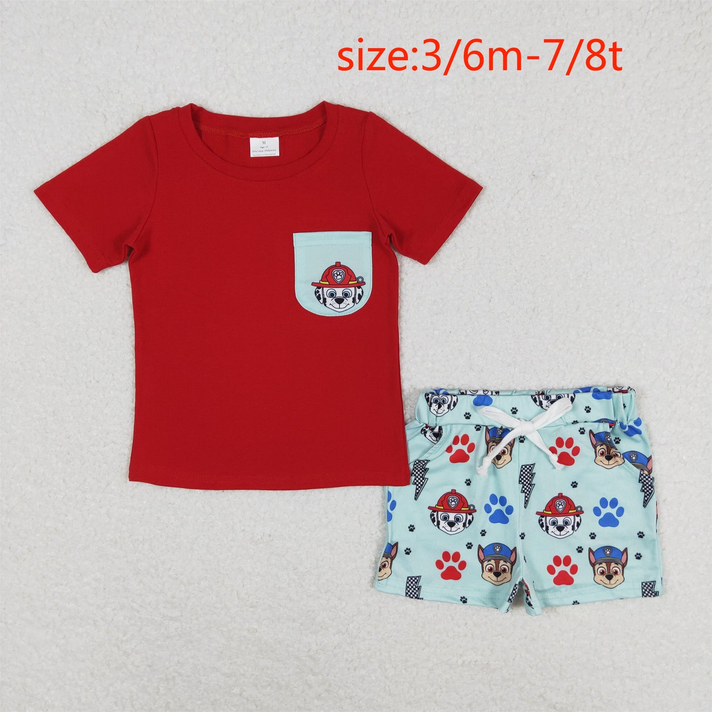 rts no moq BSSO0794 Paw Patrol Cartoon Pocket Red Short Sleeve Green Shorts Suit