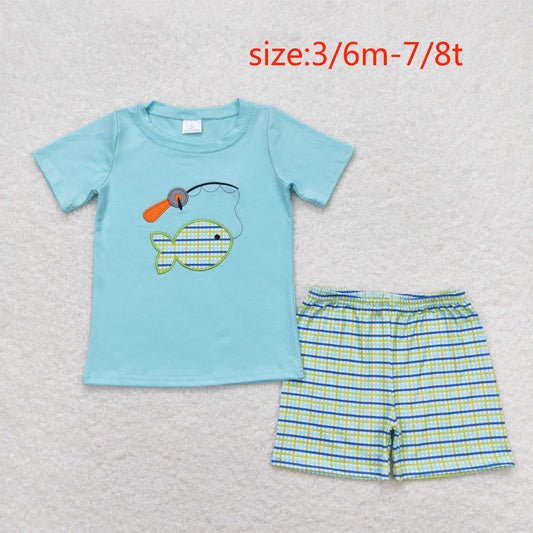 BSSO0798 Embroidered fishing teal short-sleeved plaid shorts suit
