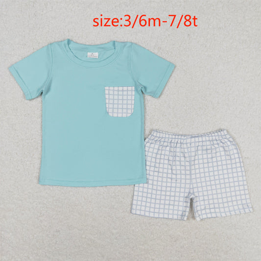 rts no moq BSSO0799 Plaid pocket blue short sleeve shorts suit
