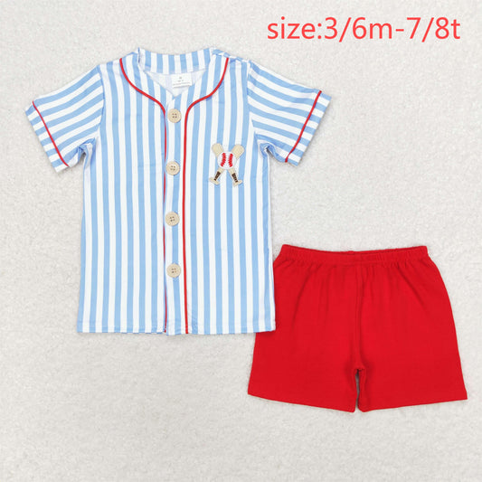 rts no moq BSSO0800 embroidery baseball blue striped short-sleeved red shorts set