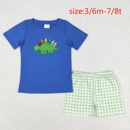 rts no moq BSSO0805 Embroidery Colorful Crayon Dinosaur Blue Short Sleeve Green Plaid Shorts Set