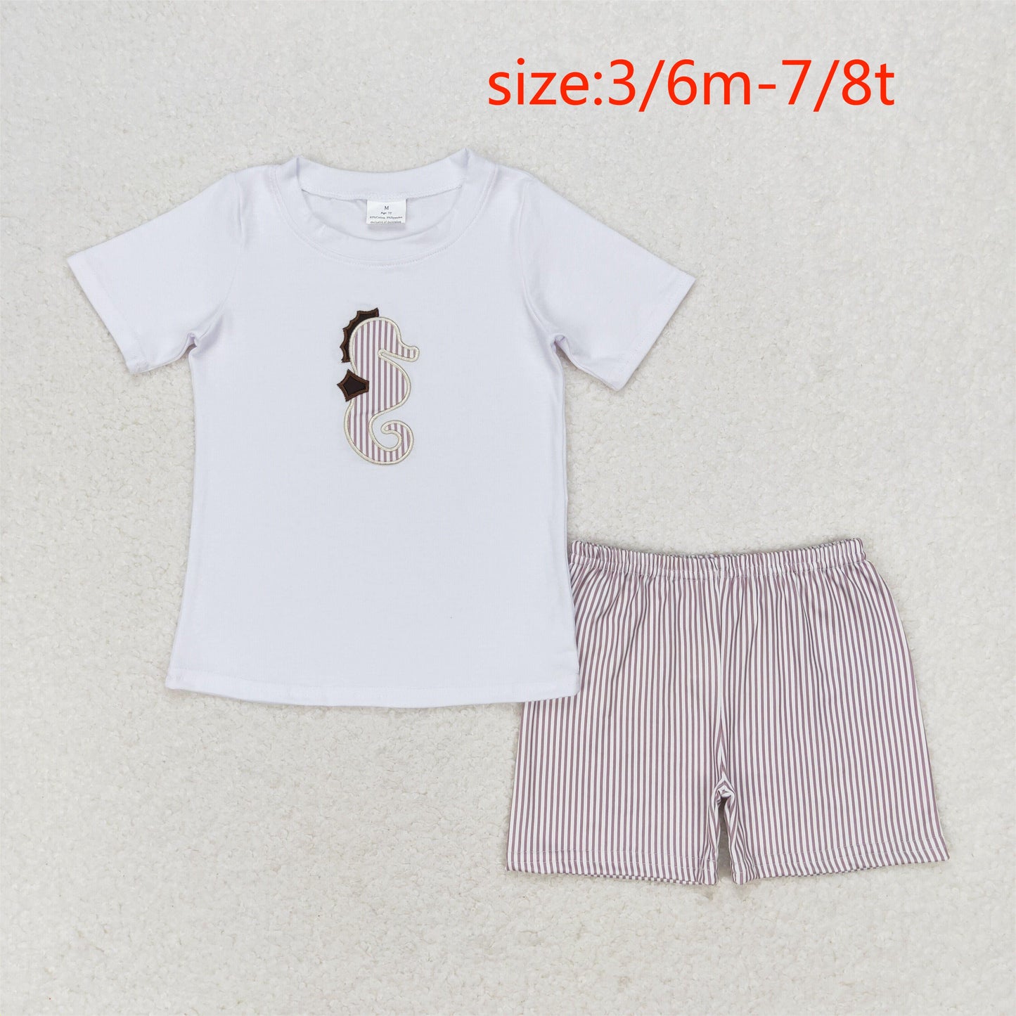 rts no moq BSSO0837 Embroidered seahorse white short-sleeved striped shorts suit