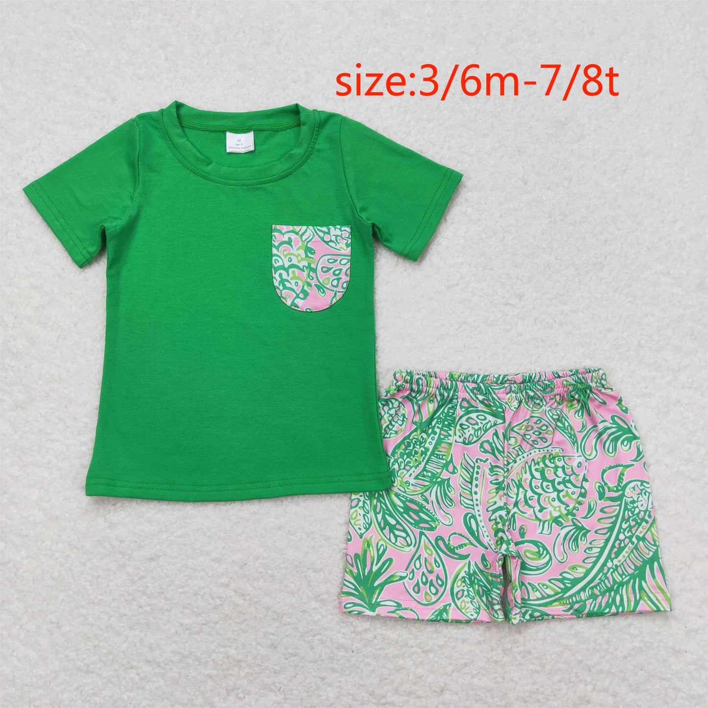 BSSO0839 Seaweed Pattern Pocket Green Short Sleeve Shorts Set