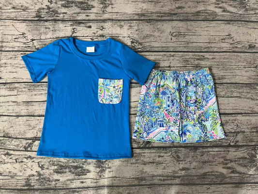 BSSO0840 pre-order 3-6M to 7-8T baby boy clothes Flower pattern pocket blue short sleeves sets