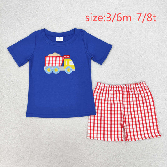 rts no moq BSSO0857 Embroidered sand truck navy blue short-sleeved red plaid shorts set