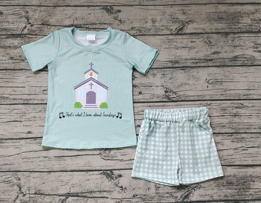 BSSO0858 RTS 3-6M to 7-8T baby boy clothes Pope letter teal short sleeve plaid shorts suit