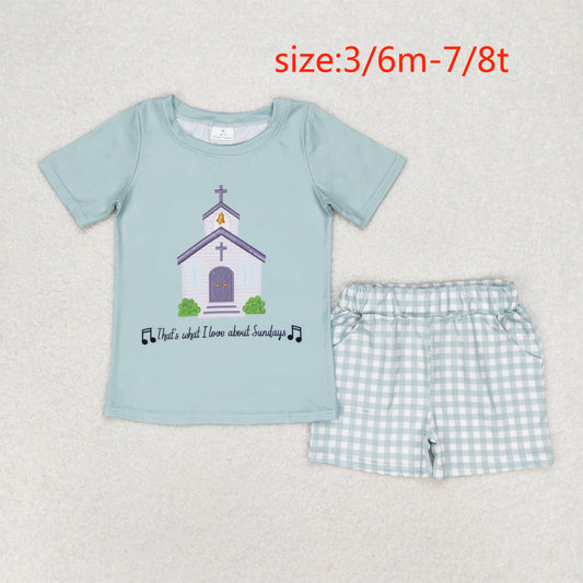 RTS no moq BSSO0858 Church Letters Teal Short Sleeve Plaid Shorts Suit