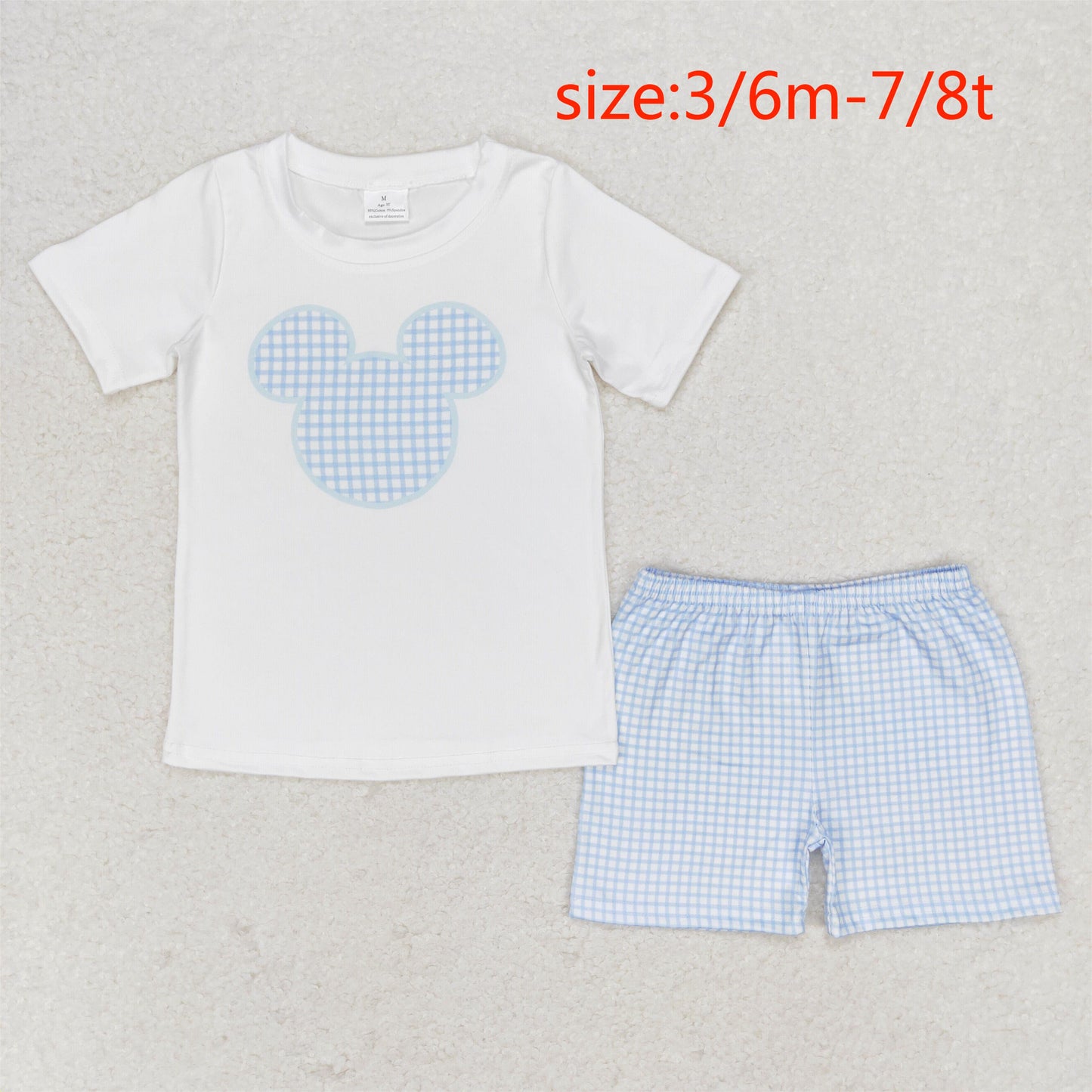 rts no moq BSSO0860 Mickey white short sleeve blue plaid shorts suit