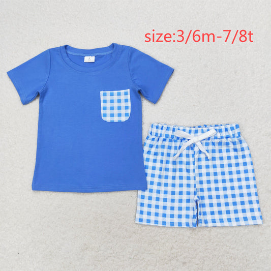 rts no moq BSSO0865 plaid pocket royal blue short sleeve shorts set