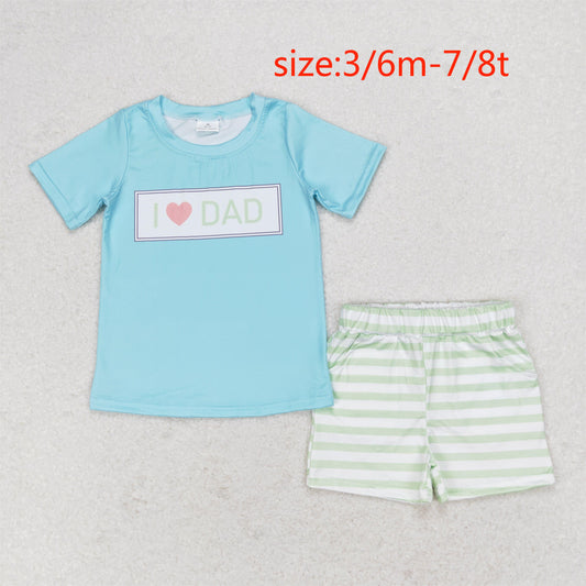 rts no moq BSSO0878 I love dad letter blue short sleeve green striped shorts suit