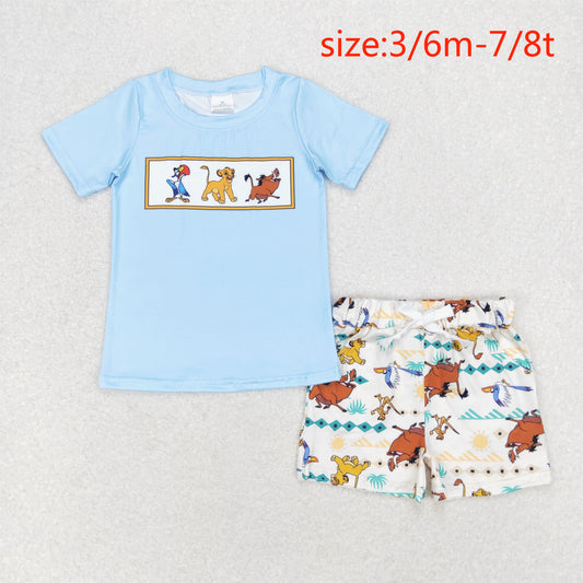 rts no moq BSSO0882 Cartoon Lion Blue Short Sleeve Beige Shorts Suit