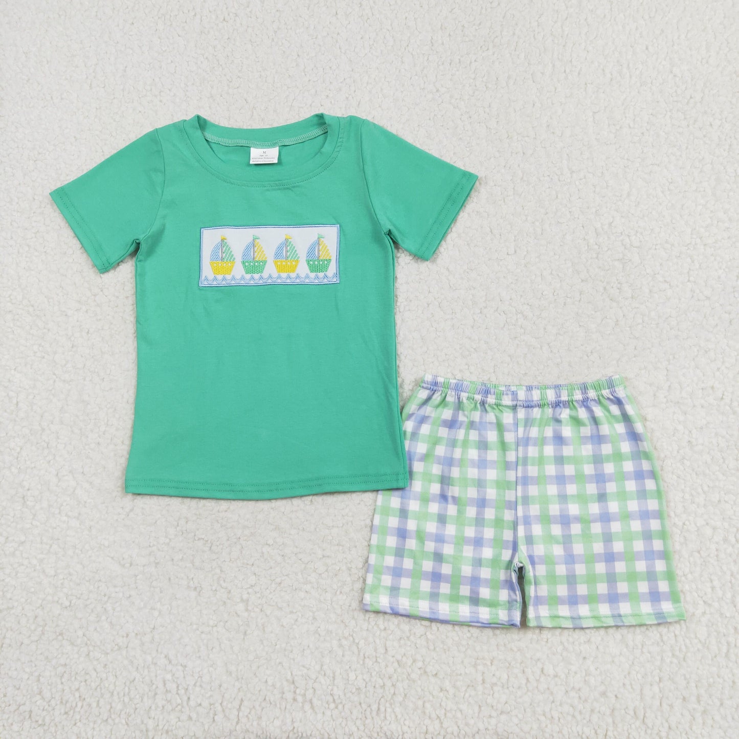 RTS NO MOQ BSSO0887 Embroidered sailboat blue-green short-sleeved plaid shorts set