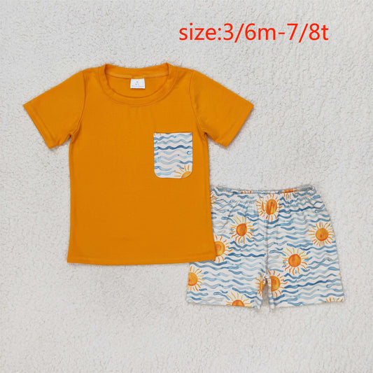rts no moq BSSO0897 Sun Wavy Line Pocket Orange Short Sleeve Shorts Set