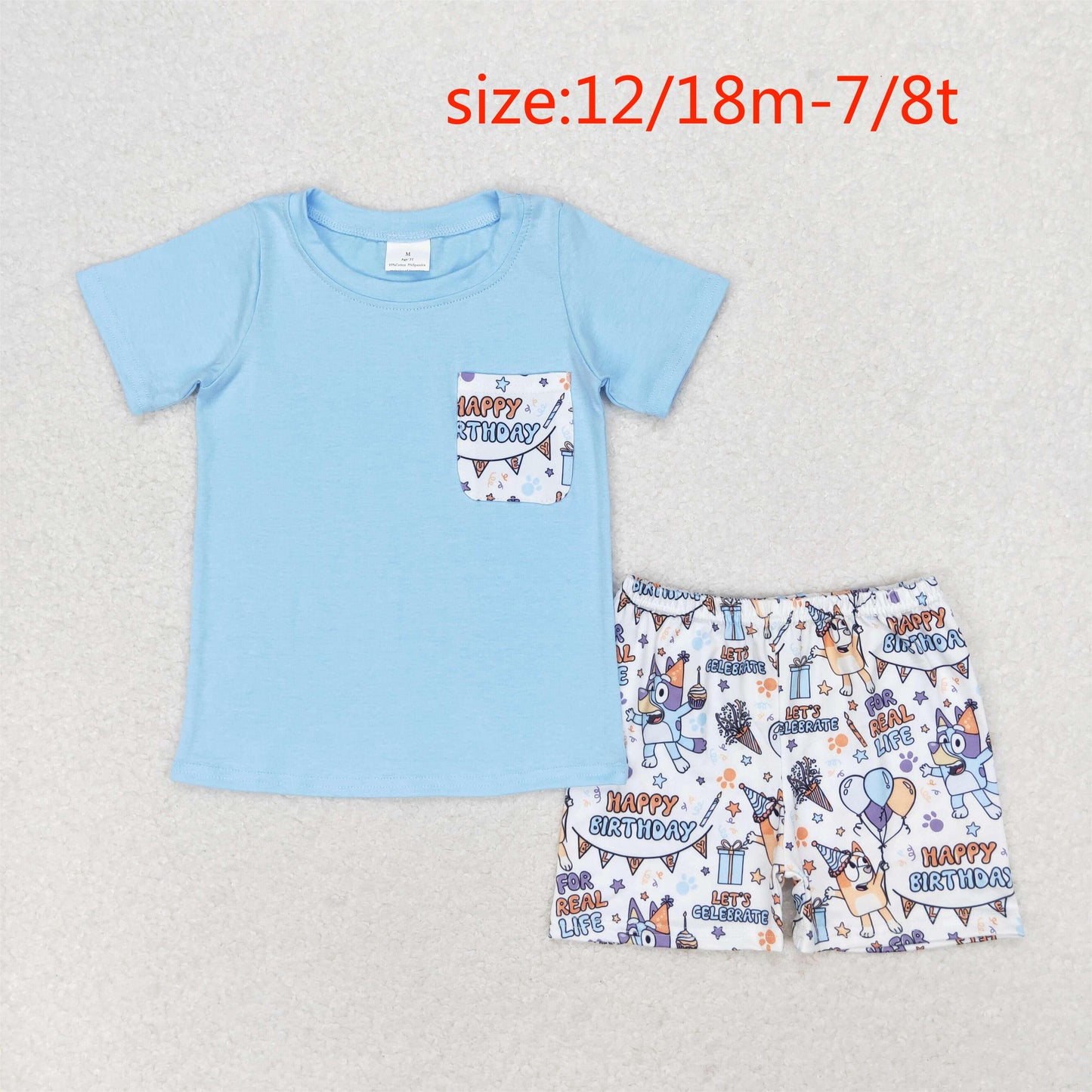 rts no moq BSSO0907 happy birthday bluey balloon pocket blue short-sleeved shorts suit