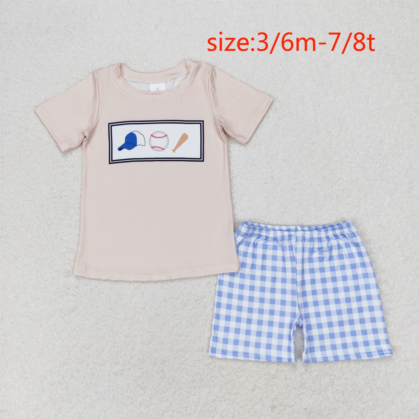 rts no moq BSSO0919 Baseball beige short-sleeved plaid shorts set