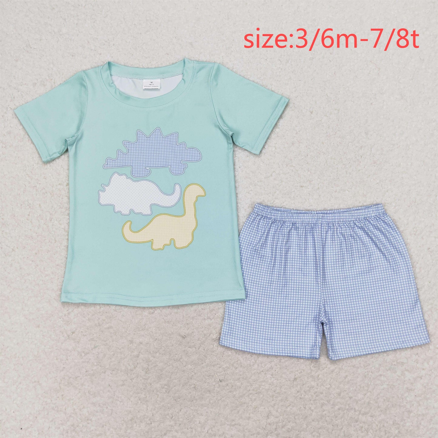 rts no moq BSSO0920 dinosaur blue green short-sleeved plaid shorts set