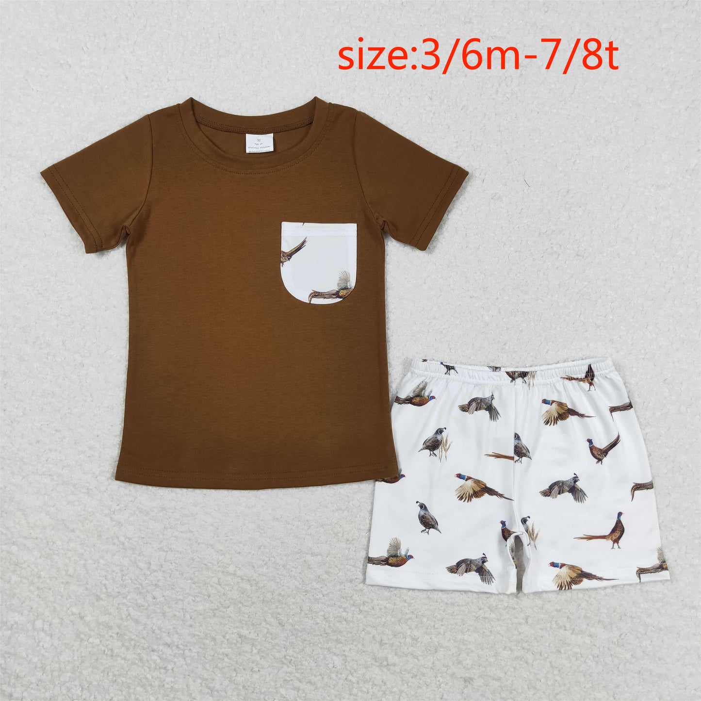 RTS NO MOQ（In Stock) Bird flying white pocket brown short-sleeved shorts set