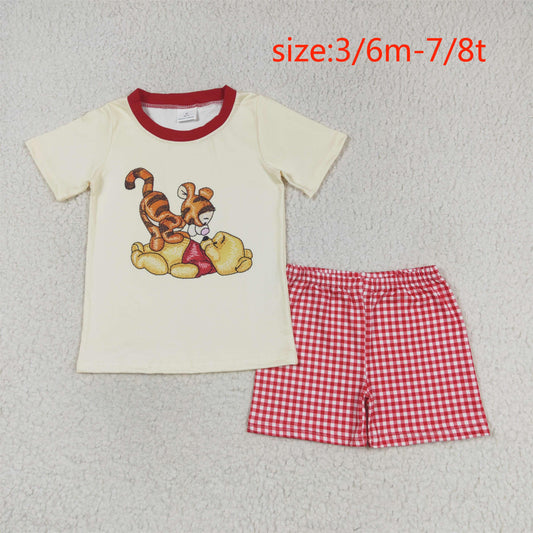 rts no moq BSSO0939 Cartoon bear short sleeves red plaid shorts set