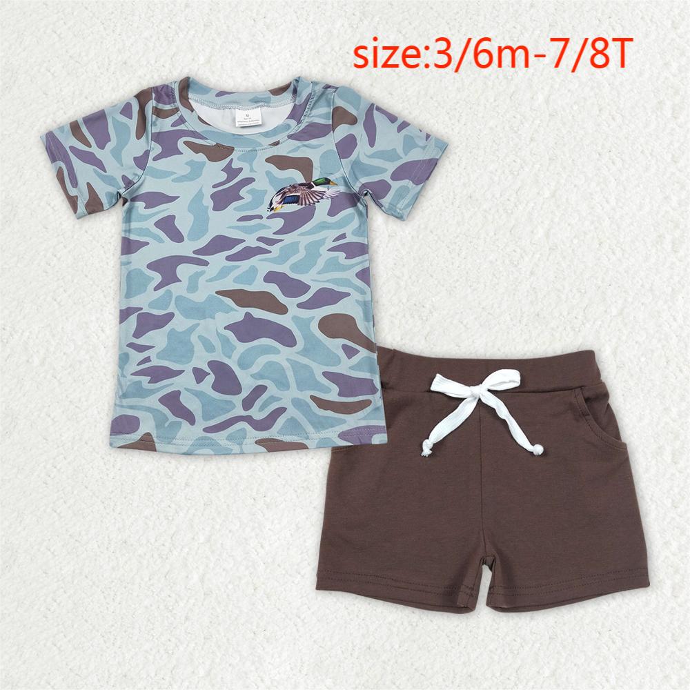 BT0598+SS0134 Duck camouflage gray green short-sleeved top brown pocket shorts