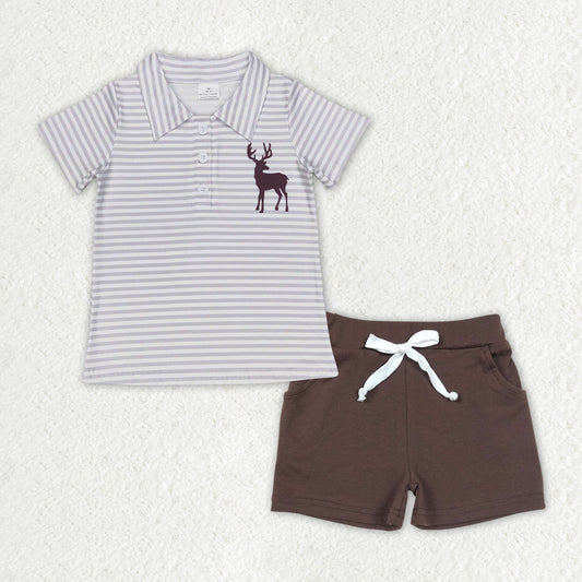 BT0337+SS0134 Elk striped short-sleeved top brown pocket shorts