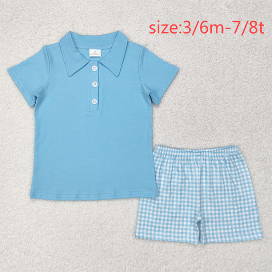 rts no moq BSSO0954 Solid Sky Blue Short Sleeve Plaid Shorts Set