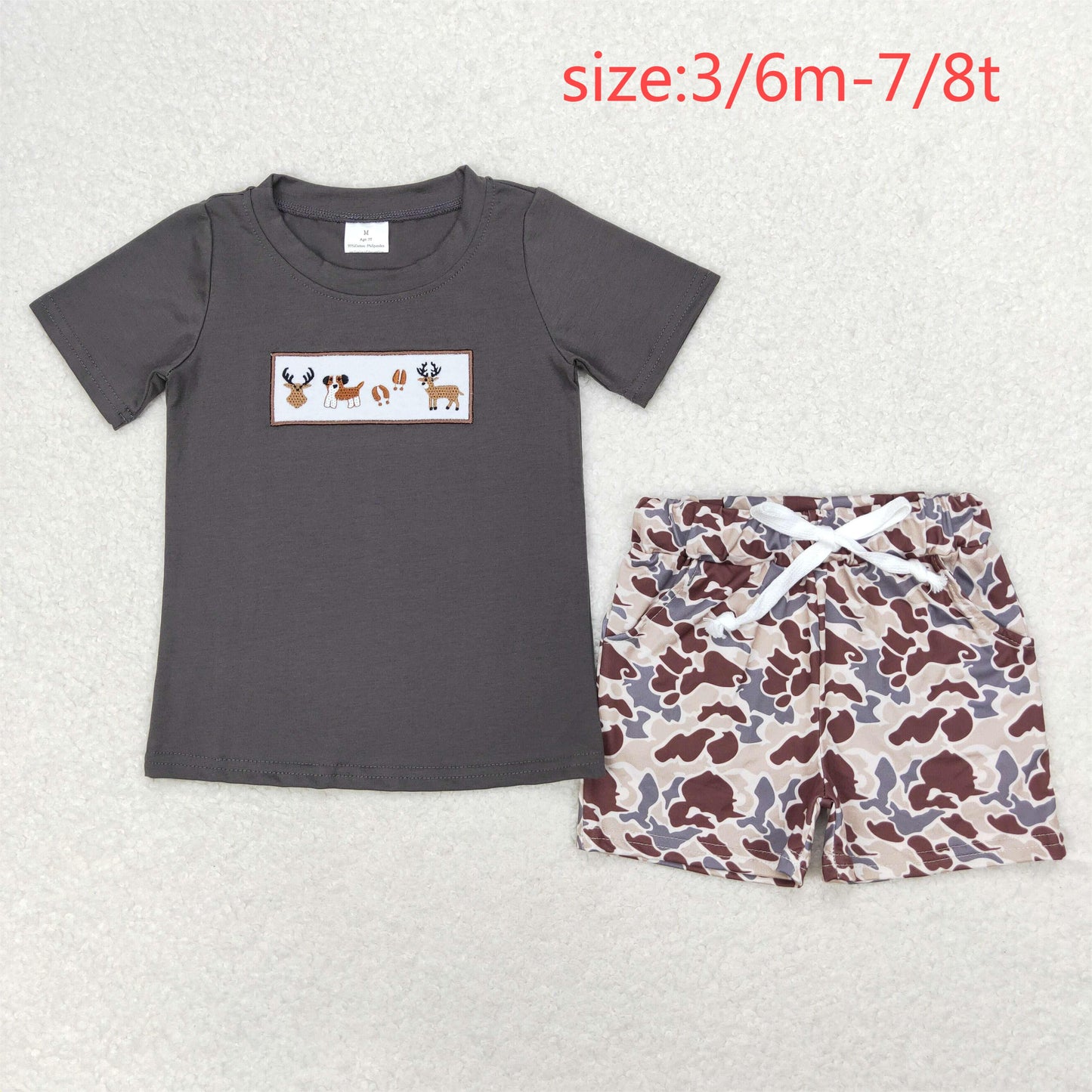 rts no moq BSSO0969 embroidery elk puppy charcoal gray short sleeve camouflage shorts set