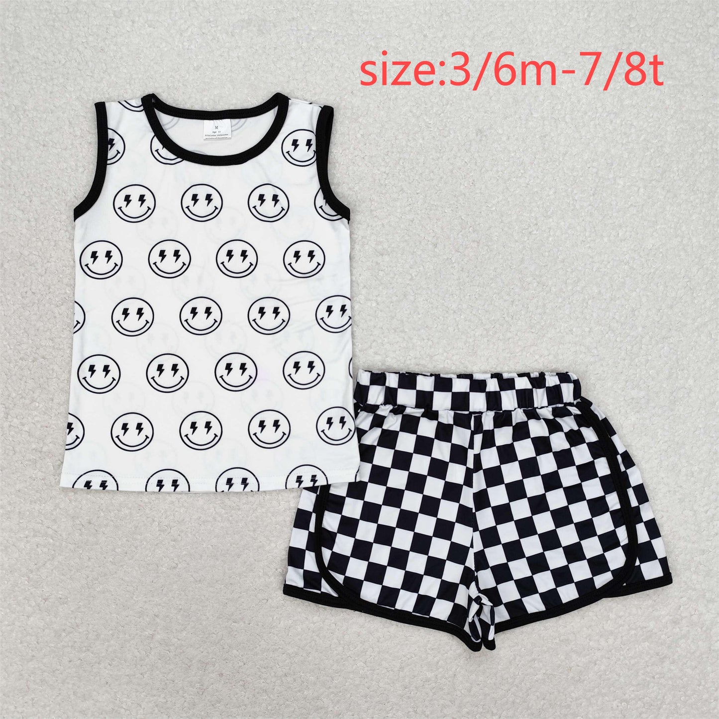 rts no moq BSSO0972 Lightning smiley face sleeveless black and white plaid shorts set