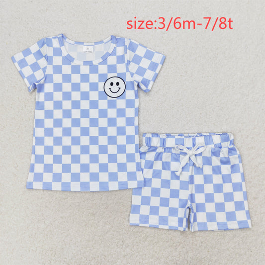 rts no moq BSSO0974 Smiley blue and white plaid short-sleeved shorts suit
