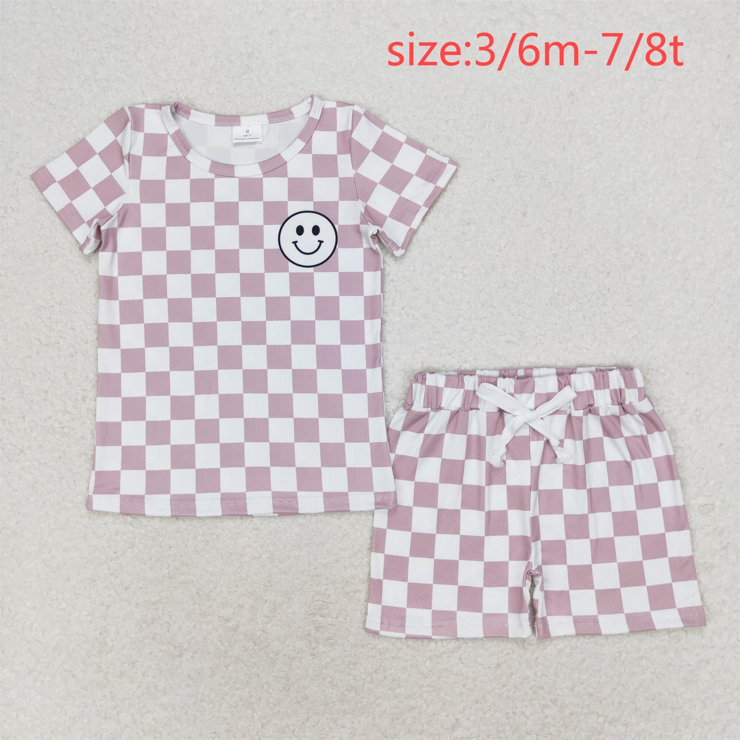 rts no moq BSSO0975 Smiley face champagne plaid short-sleeved shorts set