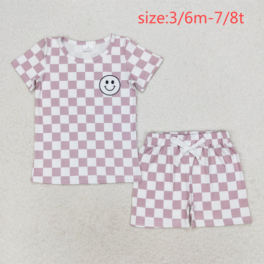 rts no moq BSSO0975 Smiley face champagne plaid short-sleeved shorts set