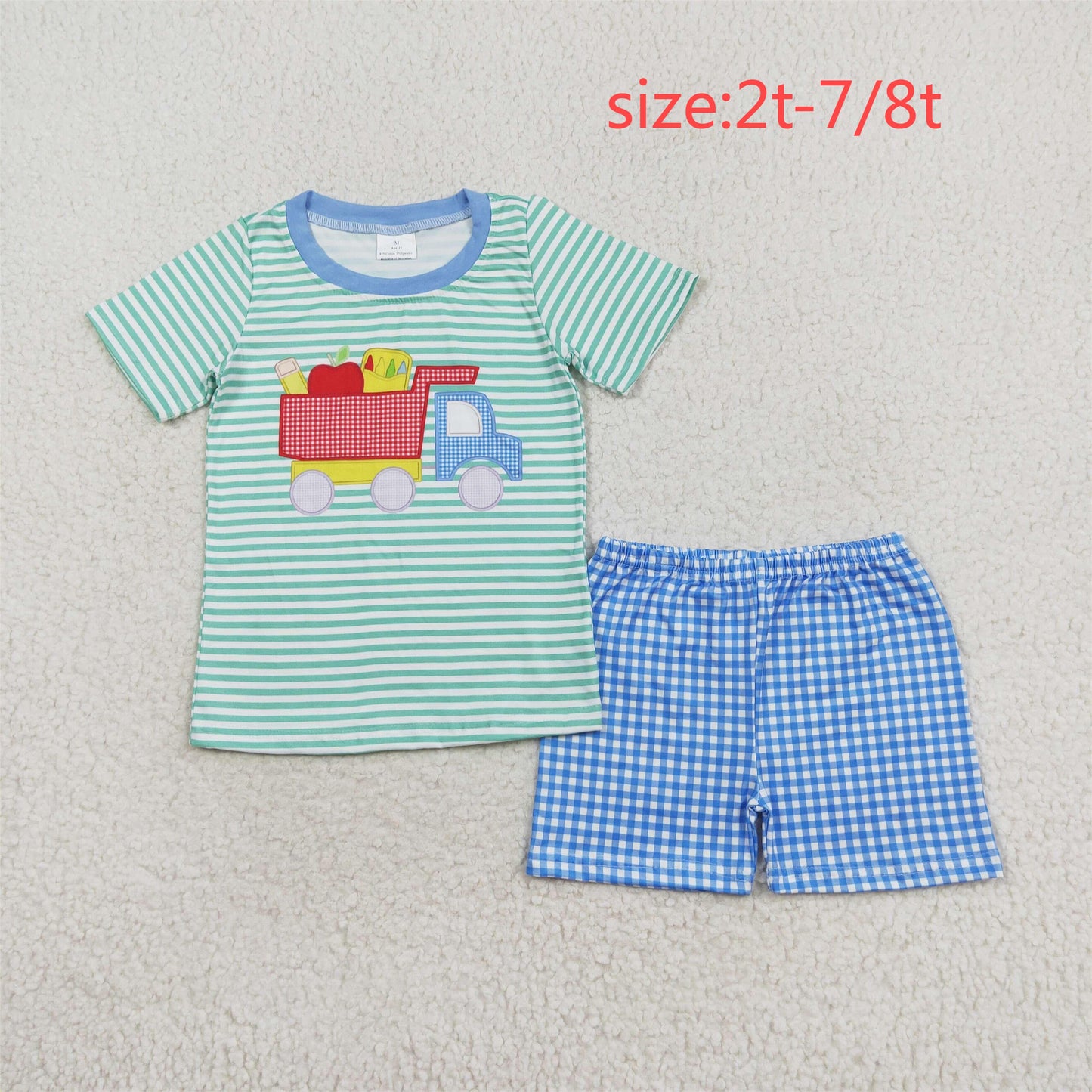rts no moq BSSO0978 Pencil Apple Truck Green Striped Short Sleeve Plaid Shorts Set