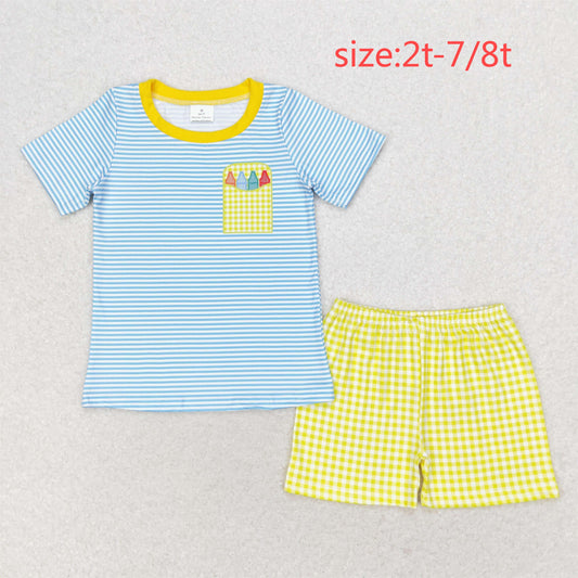 rts no moq BSSO0983 Colored crayon blue striped short-sleeved yellow plaid shorts set
