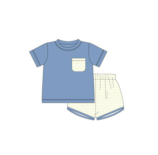 BSSO0985 no moq pre-order 3-6M to 7-8T baby boy clothes blue stripes toddler boy summer outfits-2024.5.16