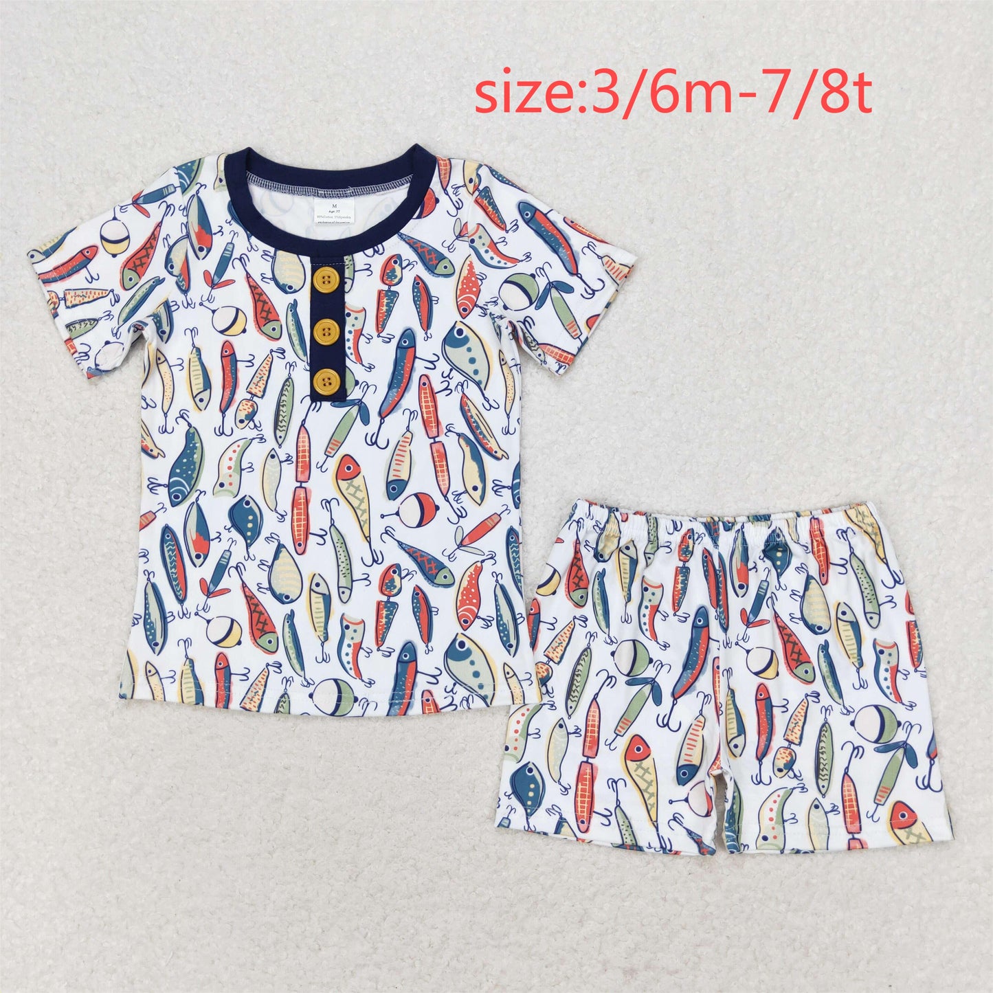 rts no moq BSSO0987 Fishing Navy Blue Edge Short Sleeve Shorts Pajama Set