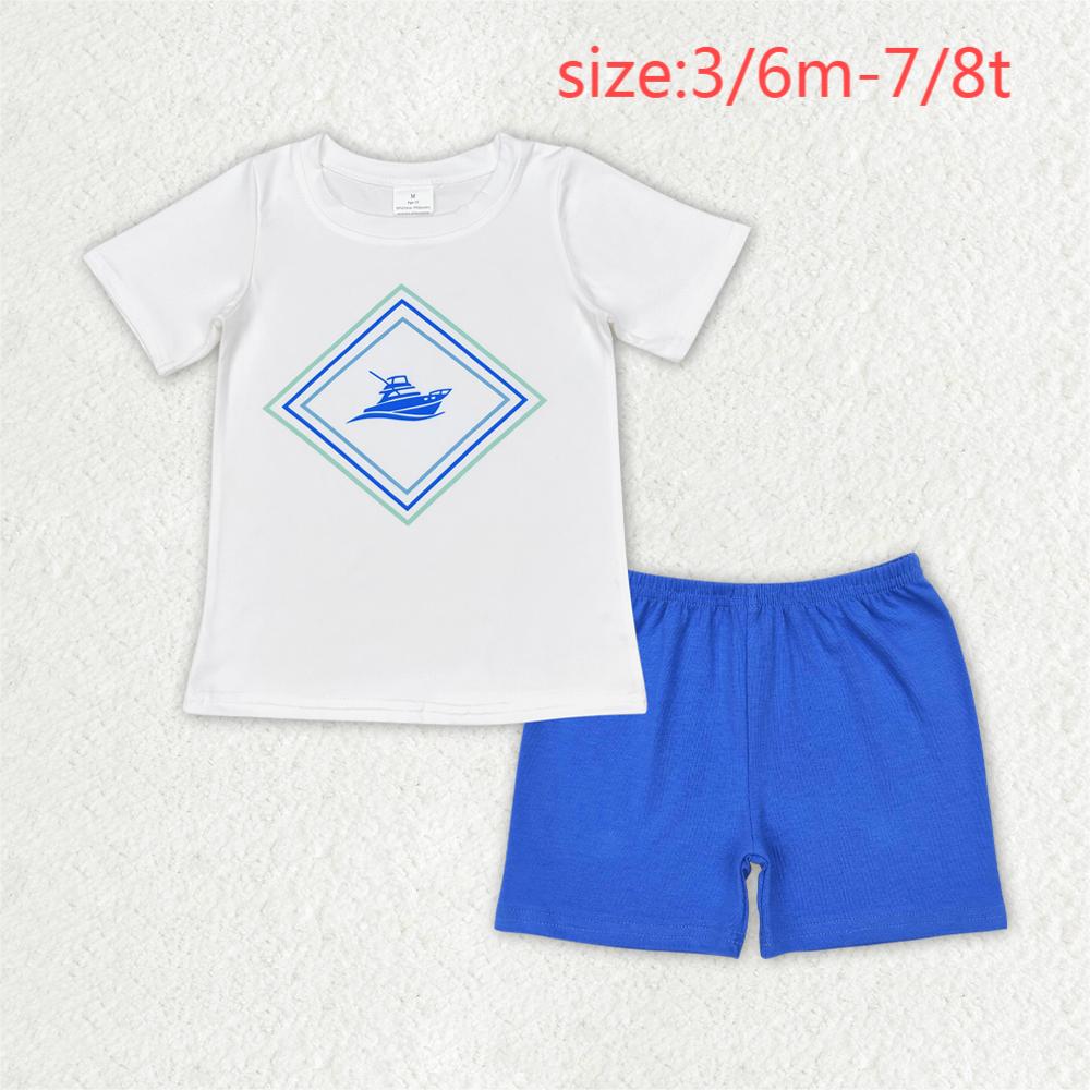 rts no moq BT0613+SS0276 White short-sleeved top with a boat logo blue shorts sets
