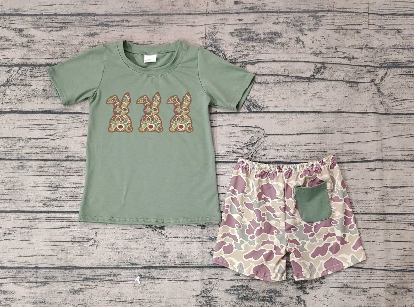 no moq BSSO1004 PRE-ORDER baby boys clothes Embroidery easter camouflage short sleeve shorts set