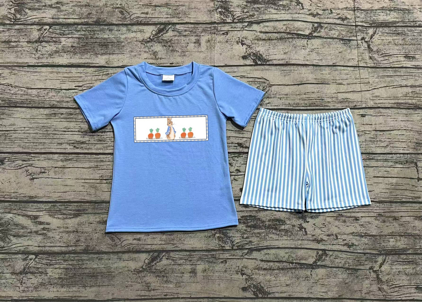 no moq BSSO1026 PRE-ORDER baby boys clothes embroidery easter blue short sleeve shorts set