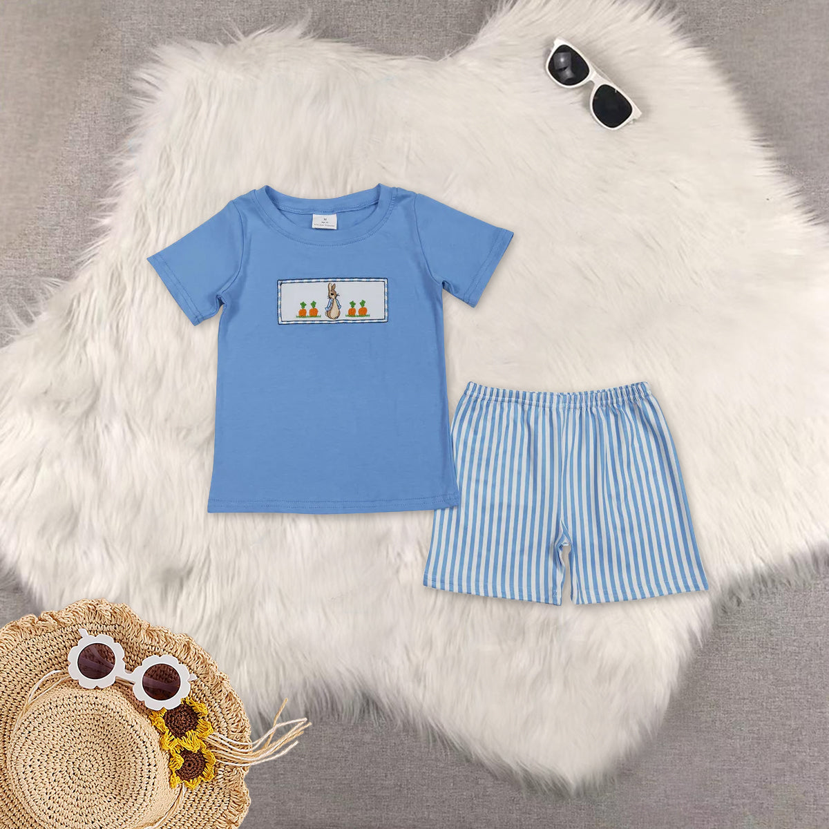 RTS NO MOQ Sibling baby boy clothes embroidery easter short sleeve shorts sets