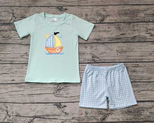 no moq BSSO1048 PRE-ORDER baby boy clothes embroidery boat short sleeve shorts set