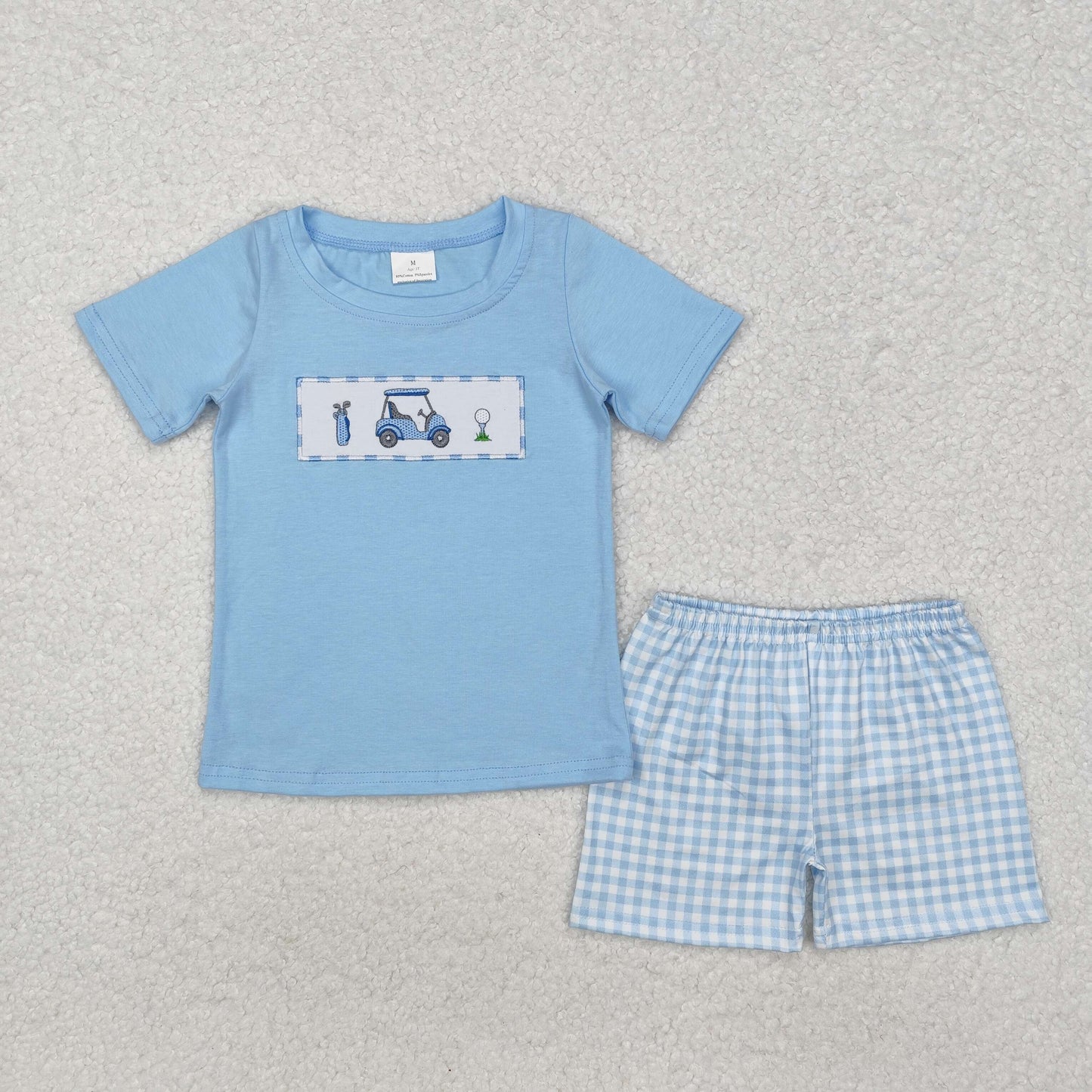 RTS NO MOQ ETA 5/7days Arrived BSSO1052 embroidery Golf cart blue short-sleeved plaid shorts set