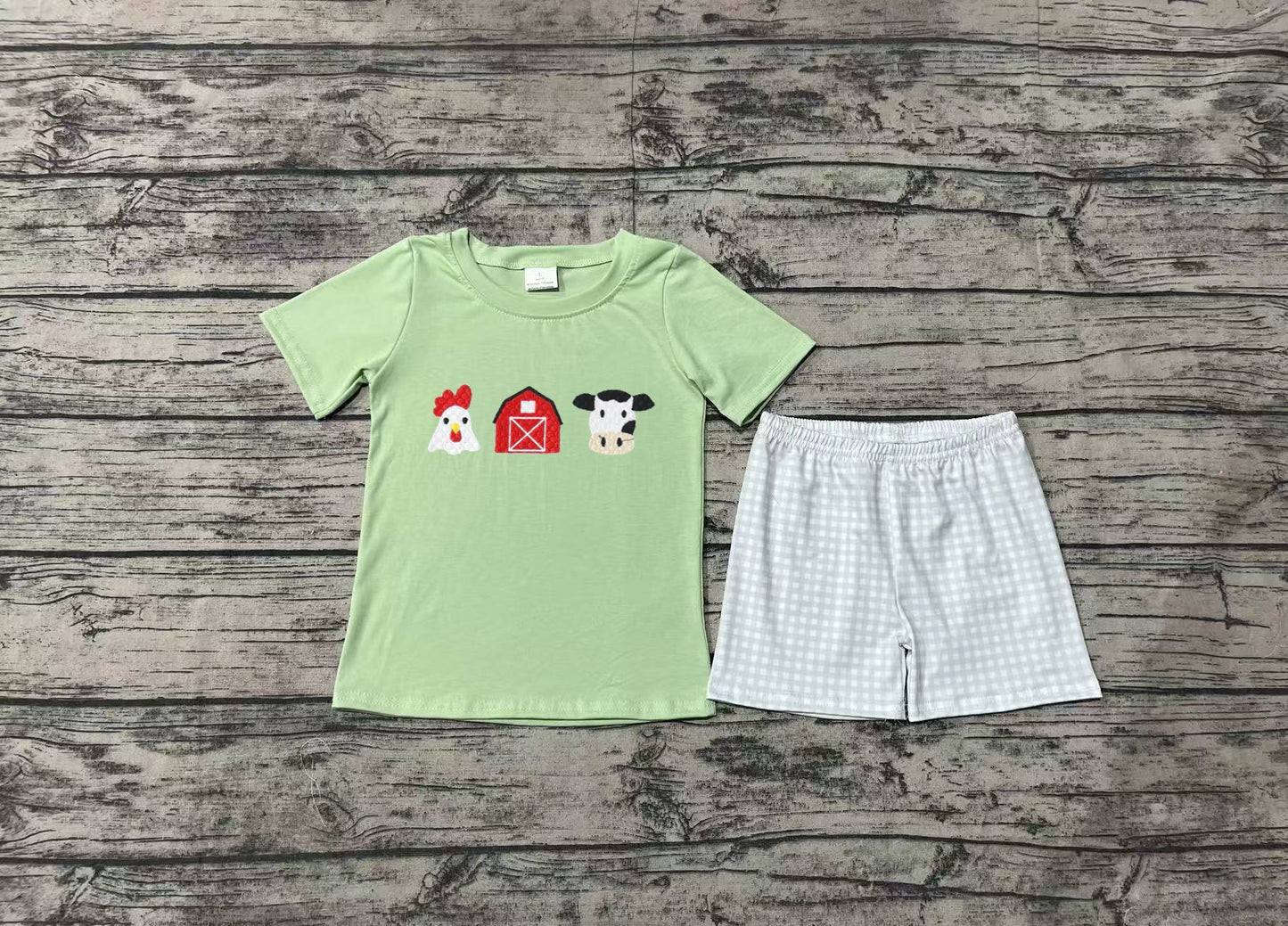 no moq BSSO1067 PRE-ORDER baby boy clothes embroidery farm short sleeve shorts set