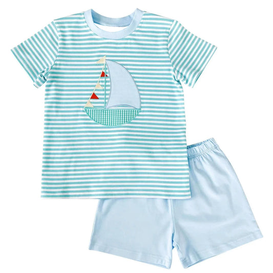 no moq BSSO1121 PRE-ORDER baby boy clothes boat blue short sleeve shorts set-2024.11.16