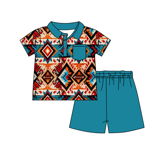 no moq BSSO1141 PRE-ORDER baby boy clothes Geometry blue and green short sleeve shorts set-2024.11.23